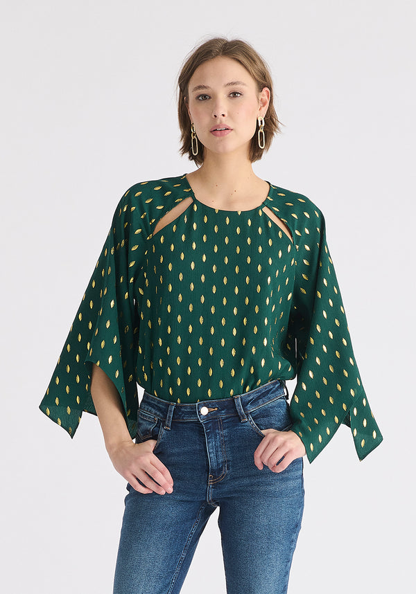 Gold Foil Print Cut-Out Draped Sleeve Top in Dark Green and Gold