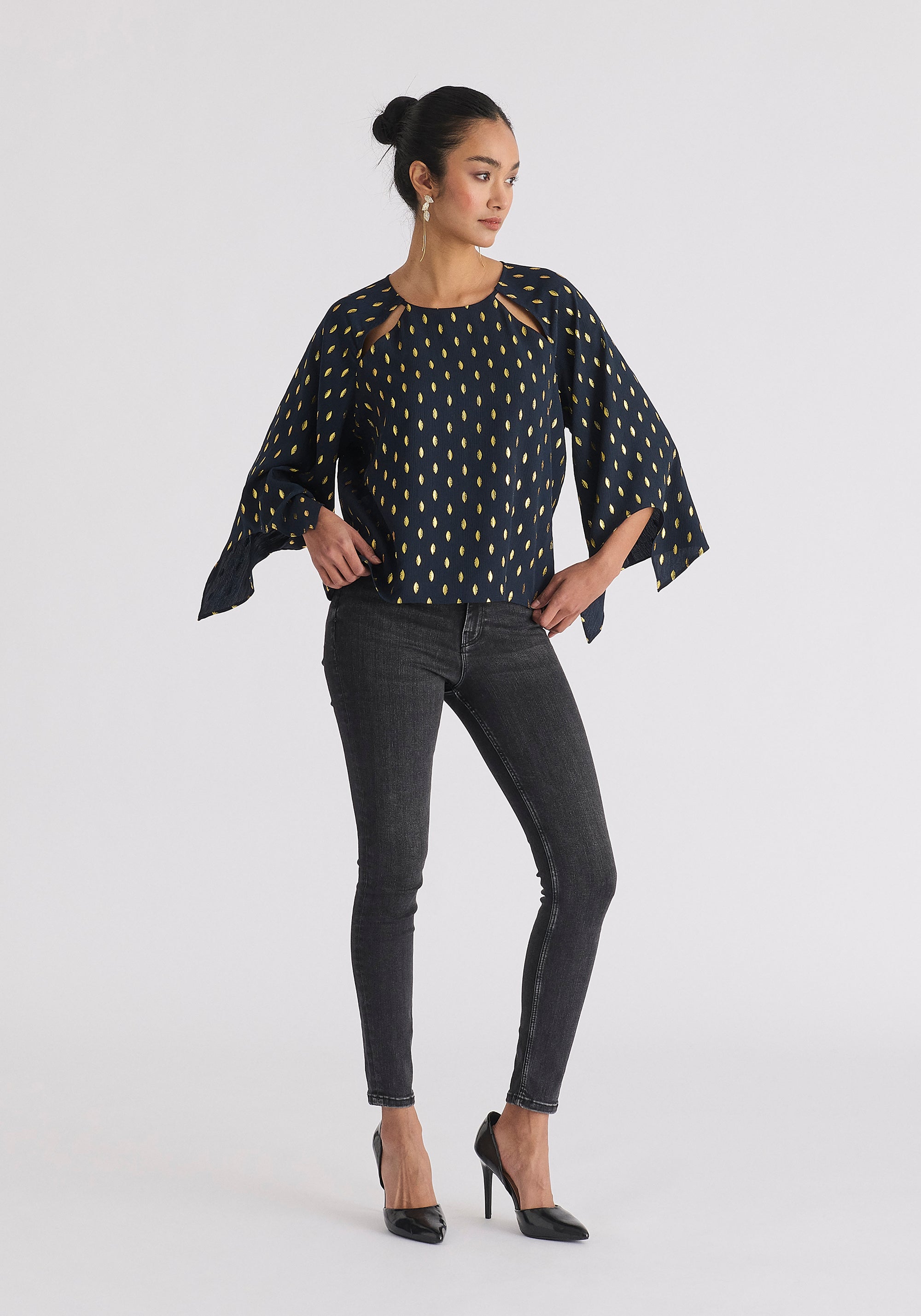 Gold Foil Print Cut-Out Draped Sleeve Top in Navy and Gold