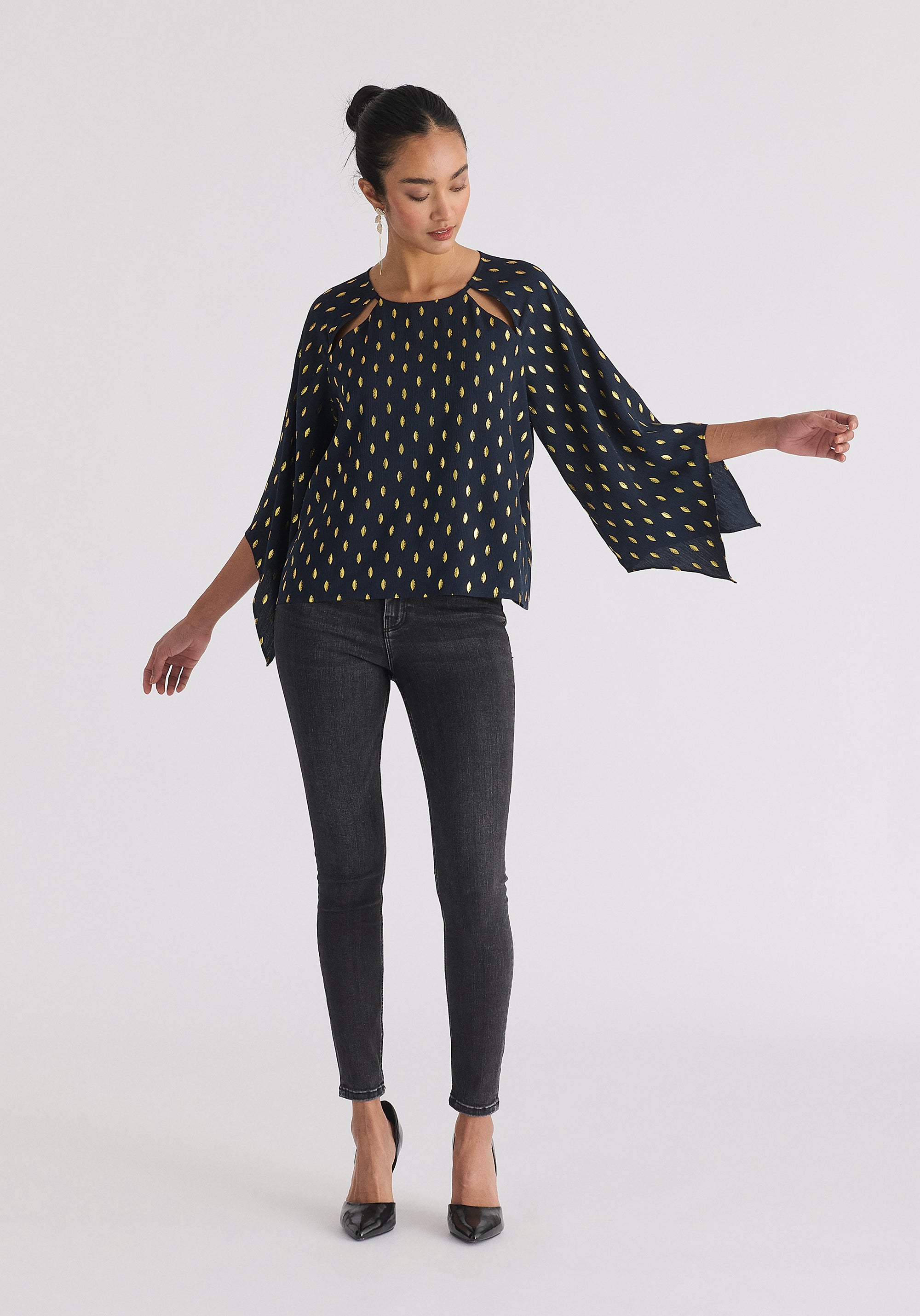 Gold Foil Print Cut-Out Draped Sleeve Top in Navy and Gold
