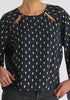 Gold Foil Print Cut-Out Draped Sleeve Top in Navy and Gold Close Up