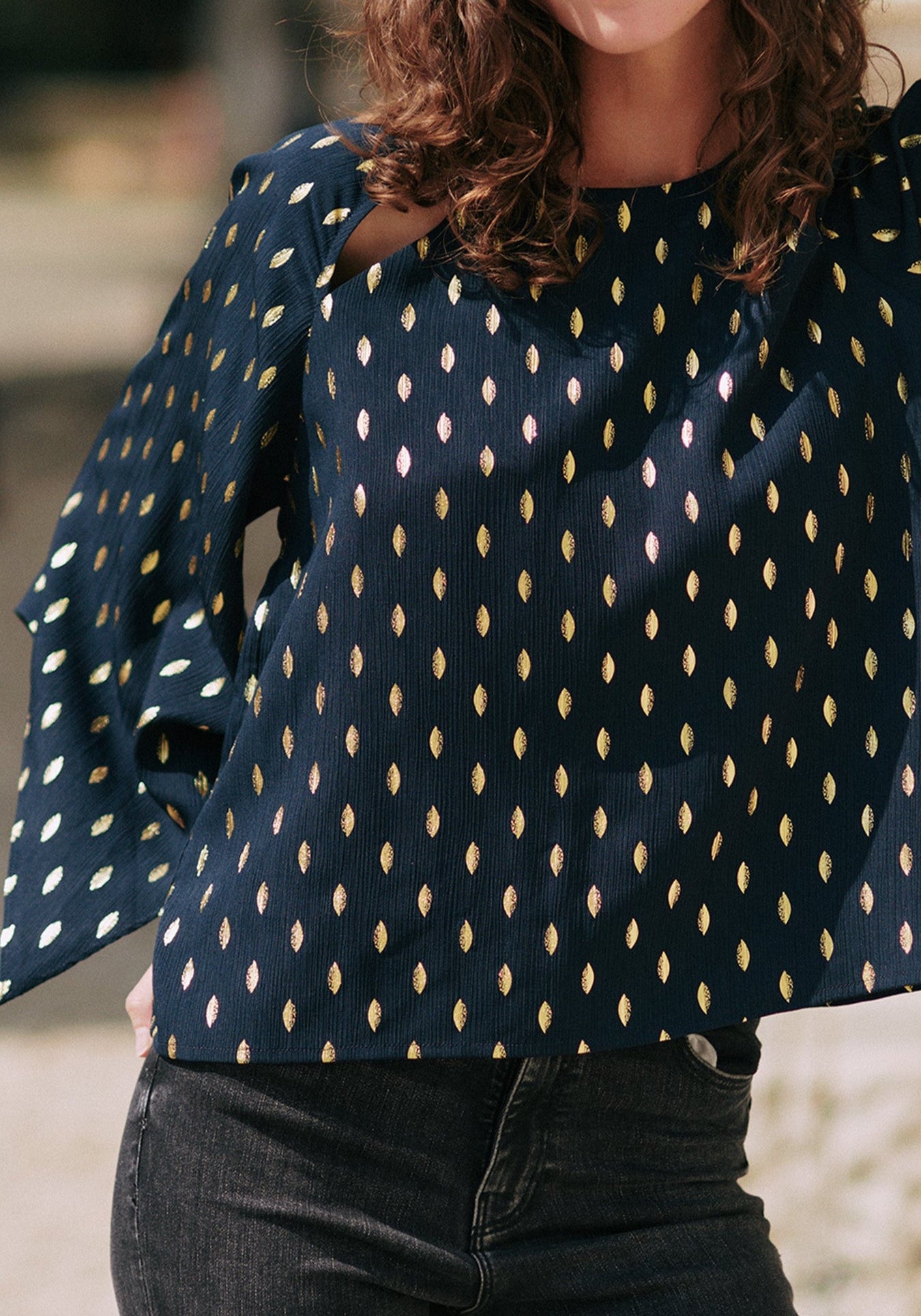 Gold Foil Print Cut-Out Draped Sleeve Top in Navy and Gold