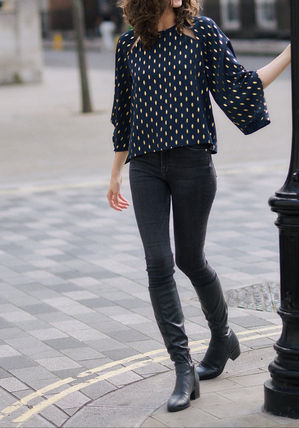Gold Foil Print Cut-Out Draped Sleeve Top in Navy and Gold Front