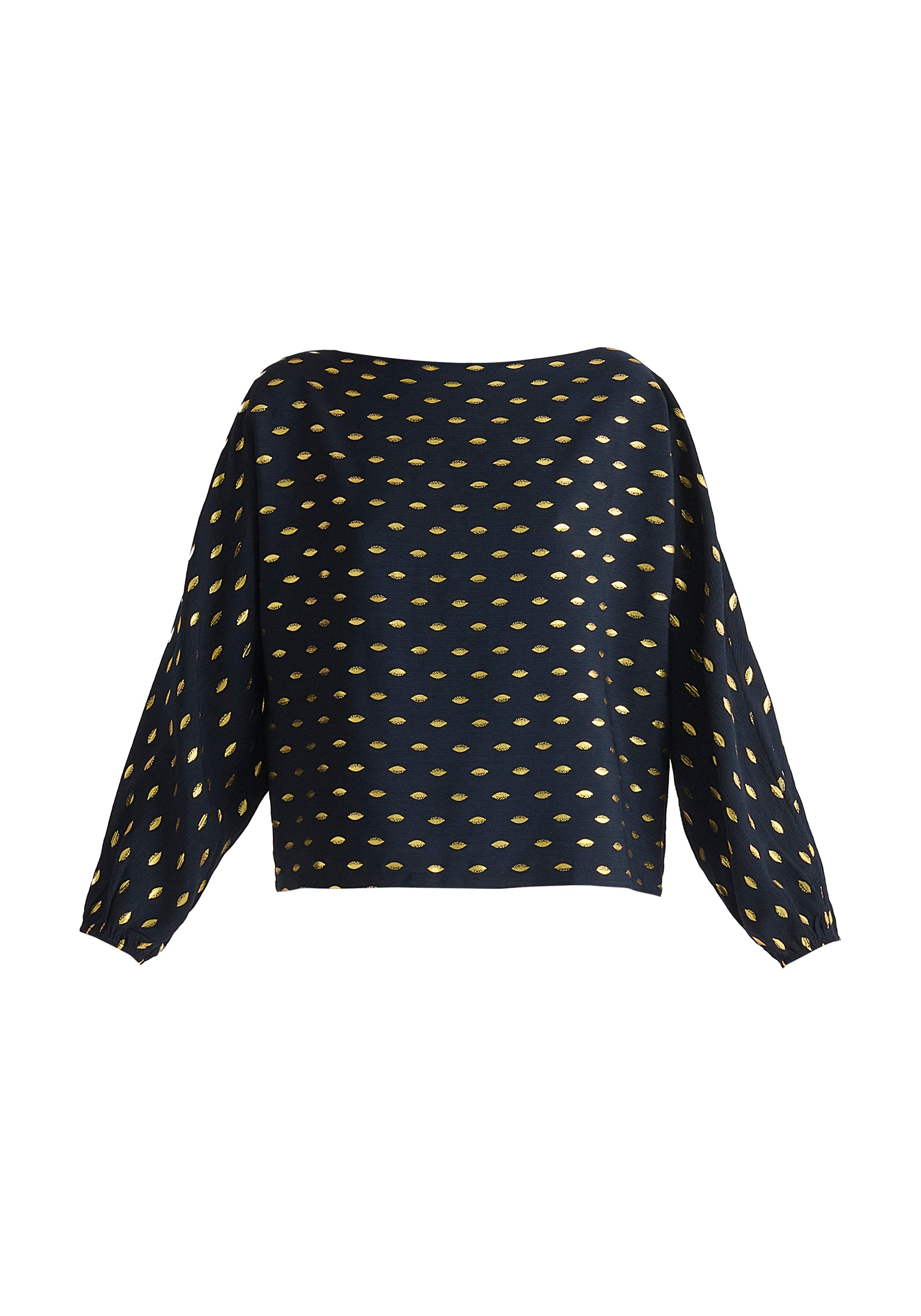 Gold Foil Print Boat Neck Top in Navy and Gold Cut Out