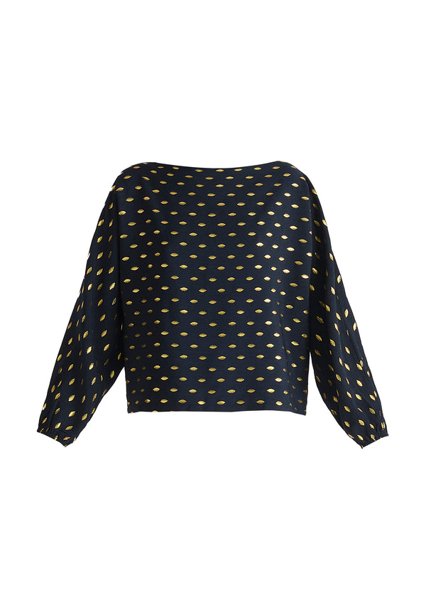 Gold Foil Print Boat Neck Top in Navy and Gold Cut Out