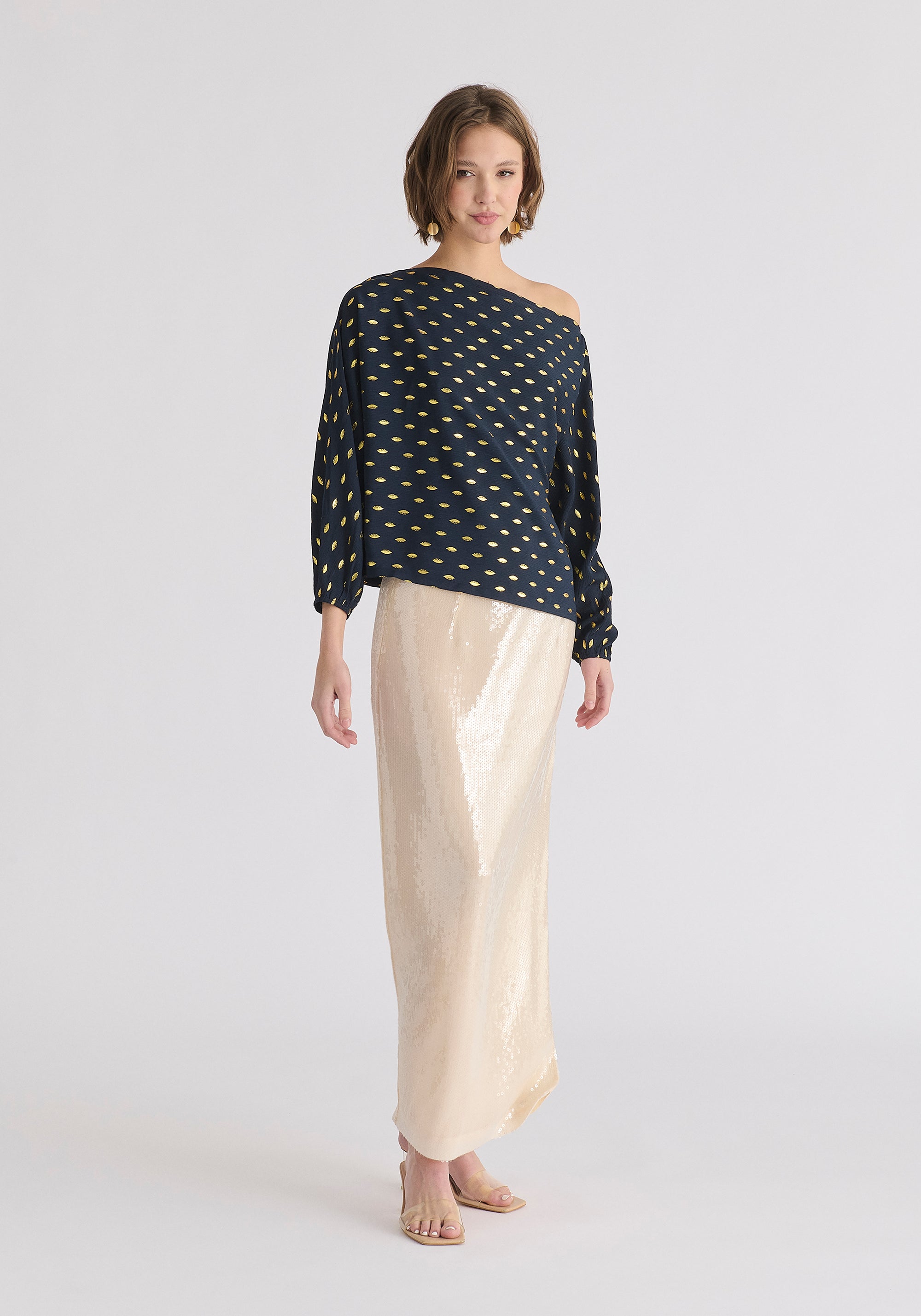 Gold Foil Print Boat Neck Top in Navy and Gold