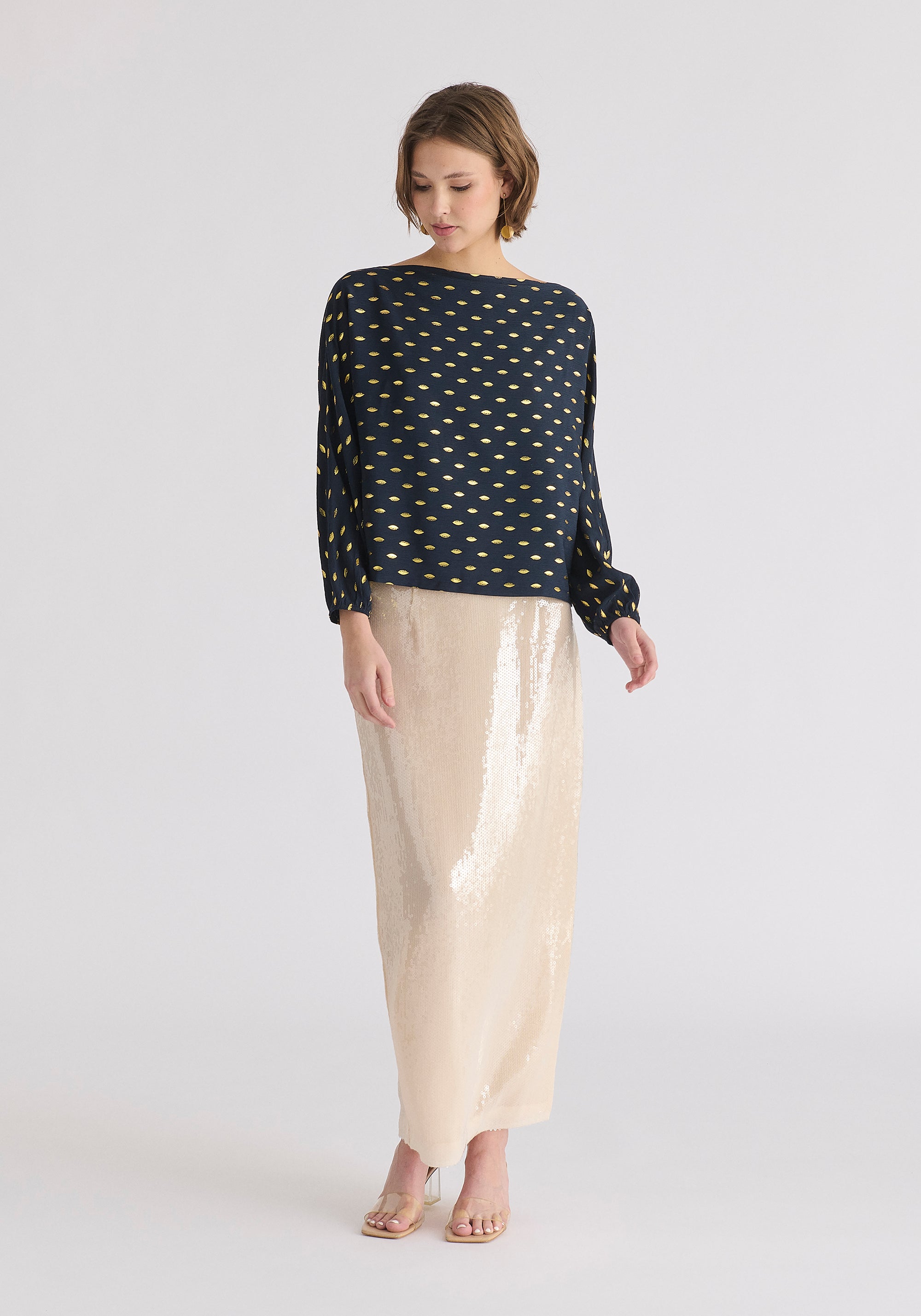Gold Foil Print Boat Neck Top in Navy and Gold