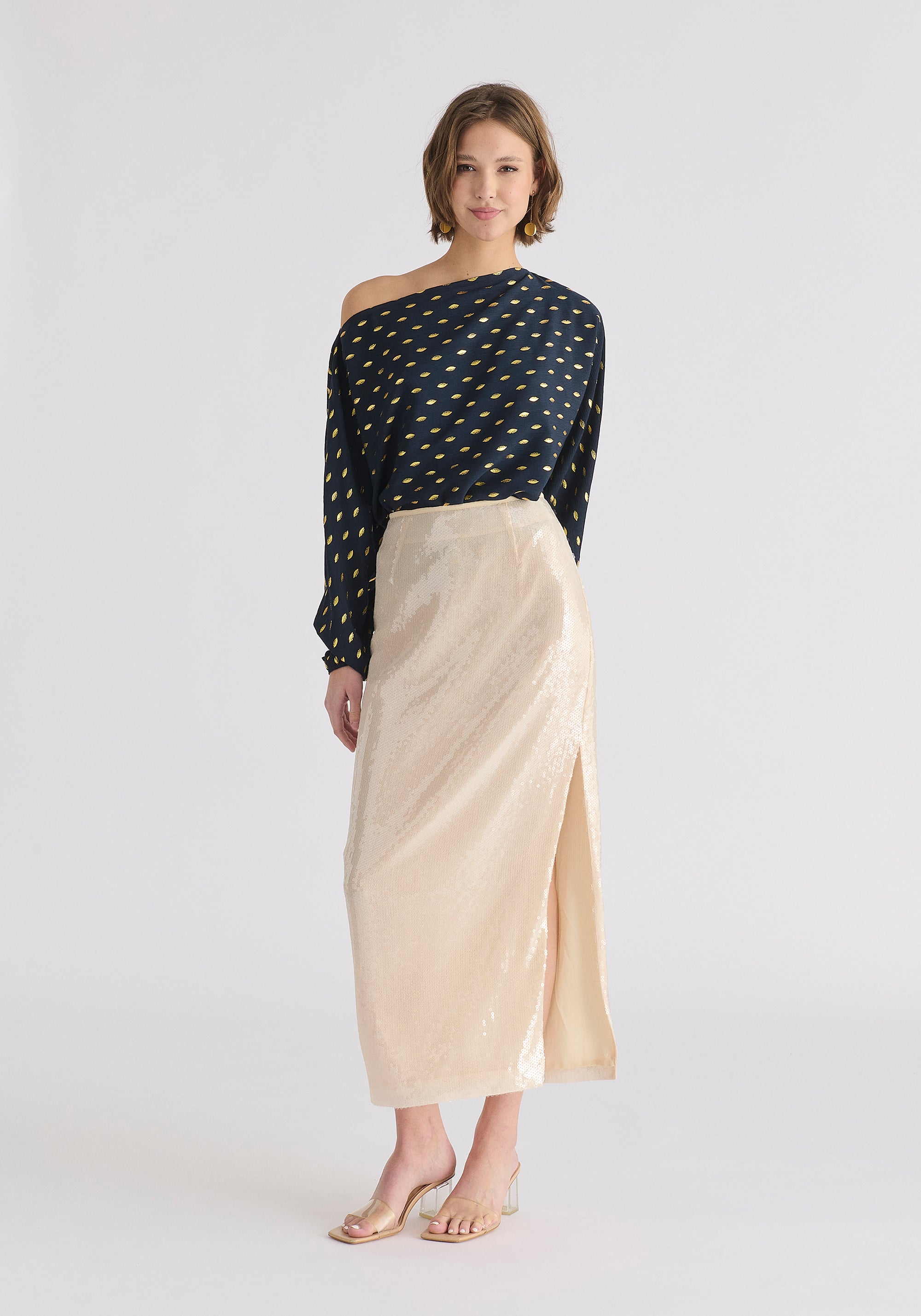 Gold Foil Print Boat Neck Top in Navy and Gold