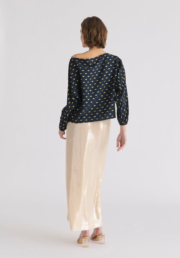Gold Foil Print Boat Neck Top in Navy and Gold Back