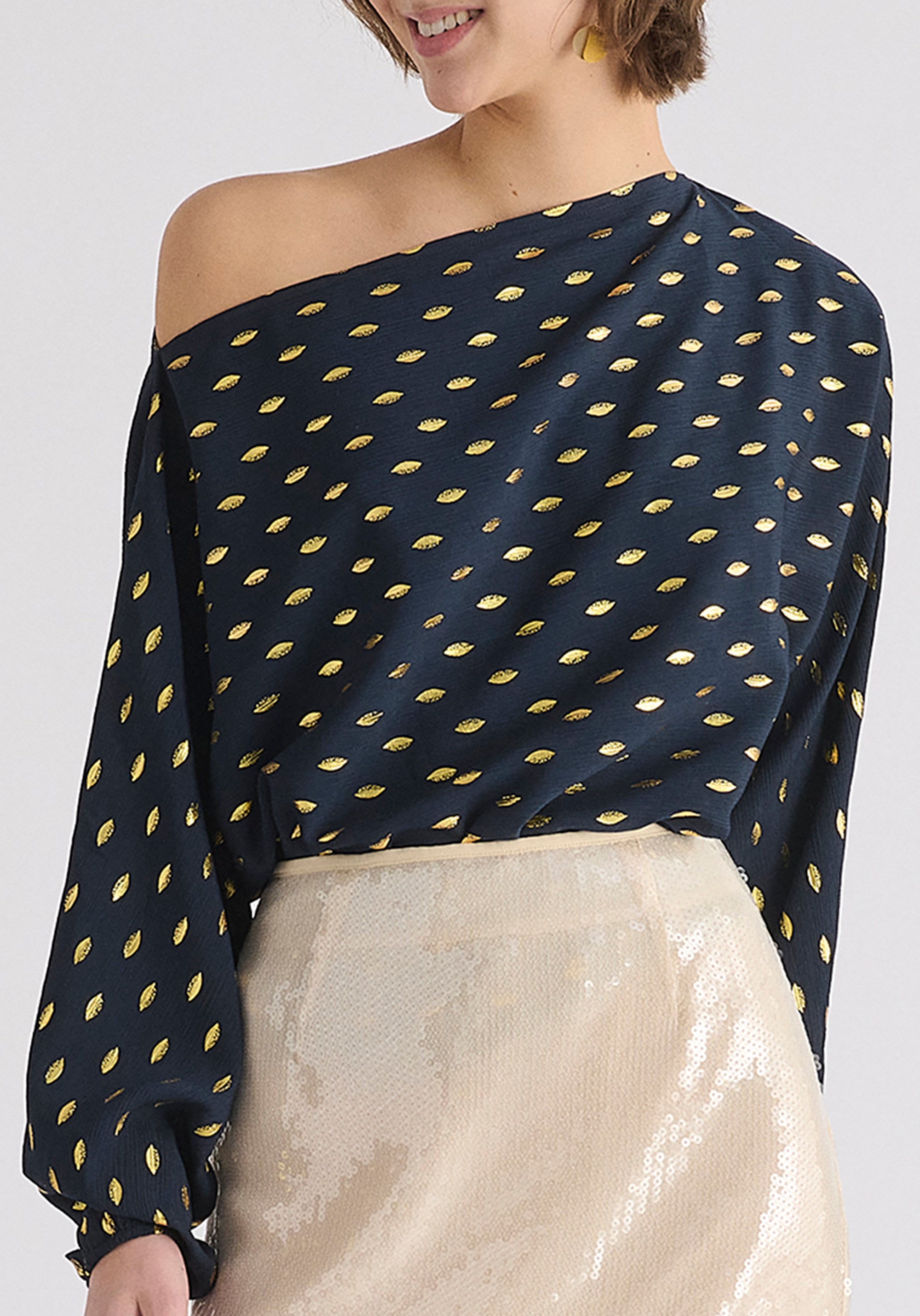 Gold Foil Print Boat Neck Top in Navy and Gold Close Up