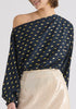 Gold Foil Print Boat Neck Top in Navy and Gold Close Up