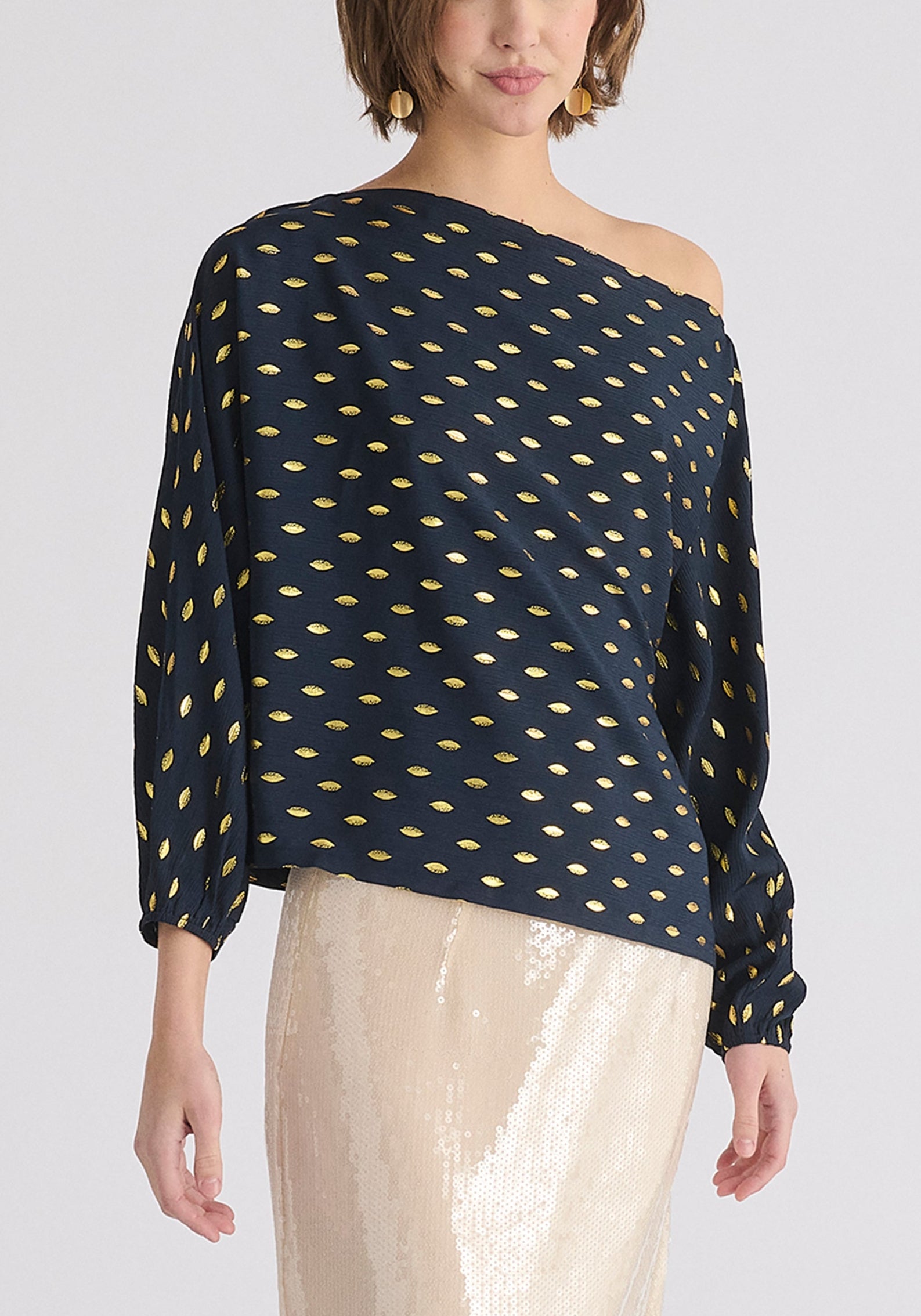 Gold Foil Print Boat Neck Top in Navy and Gold