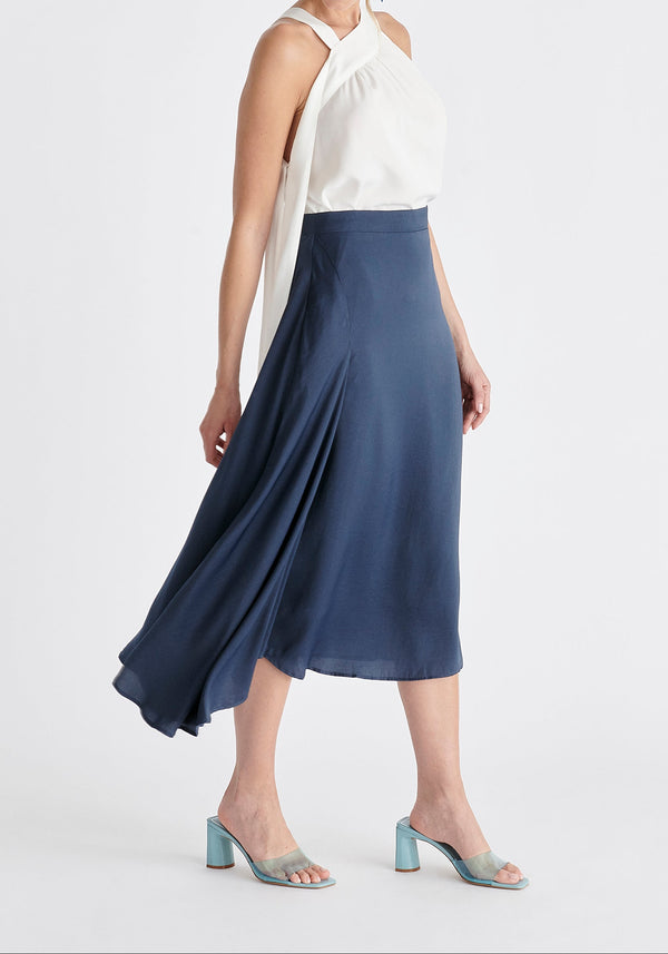 Asymmetric Hem Skirt in Navy Side