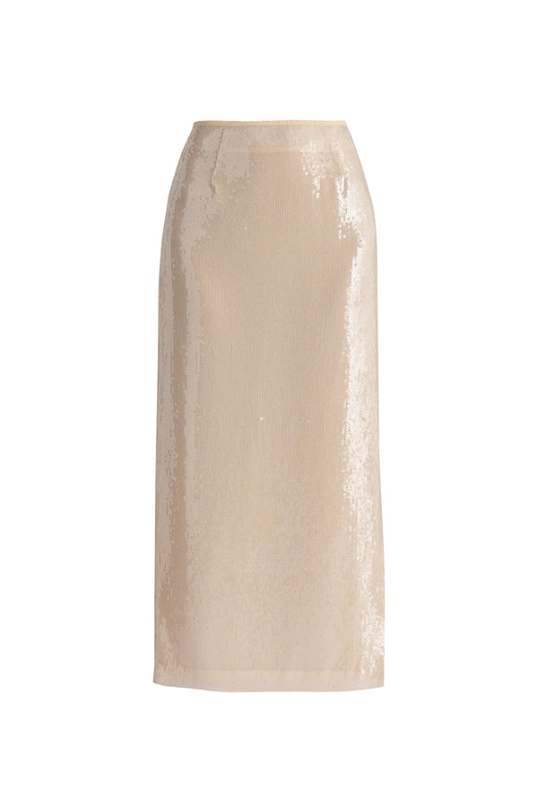 Sequin Midi Skirt with Side Slit in Cream Cut Out