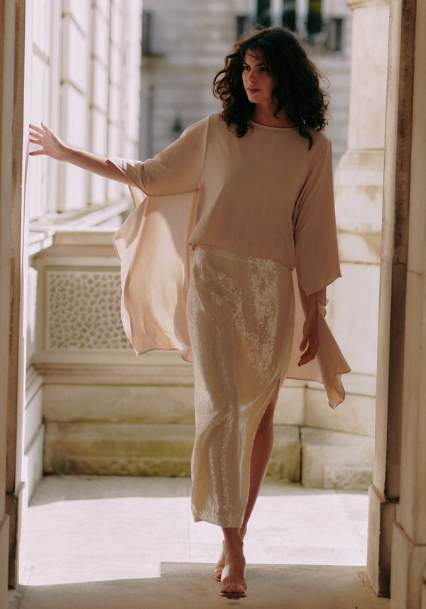 Sequin Midi Skirt with Side Slit in Cream