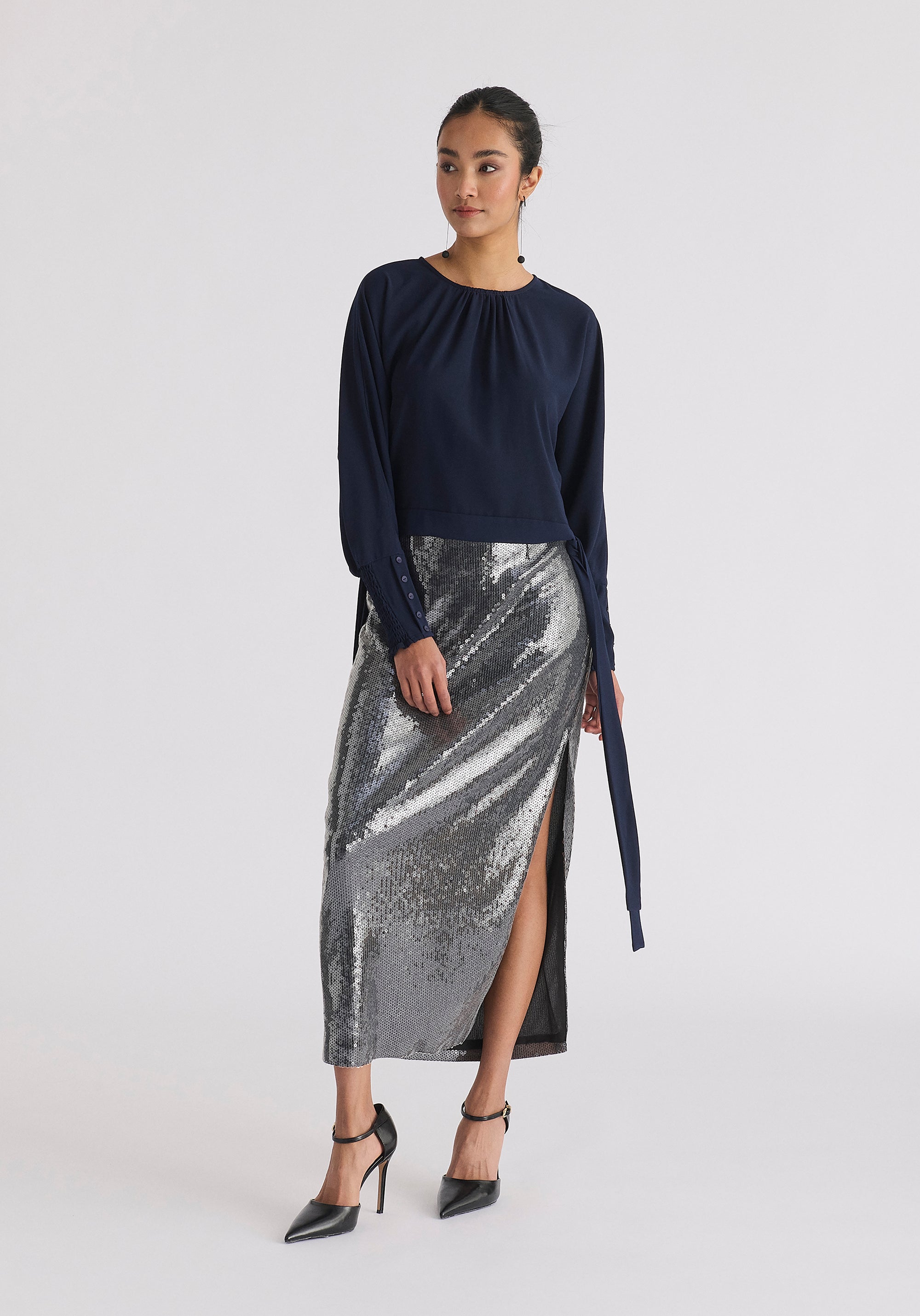 Sequin Midi Skirt with Side Slit in Black