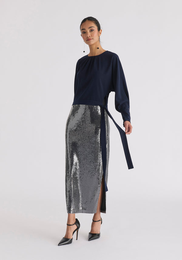 Sequin Midi Skirt with Side Slit in Black