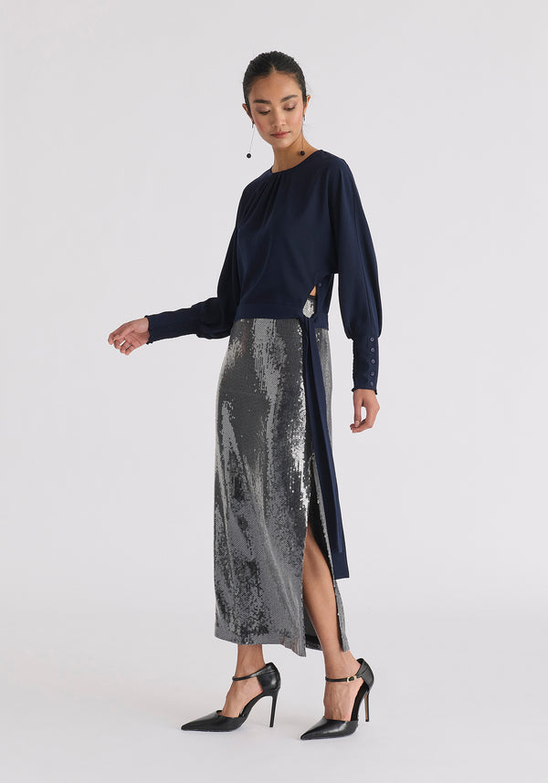 Sequin Midi Skirt with Side Slit in Black Side