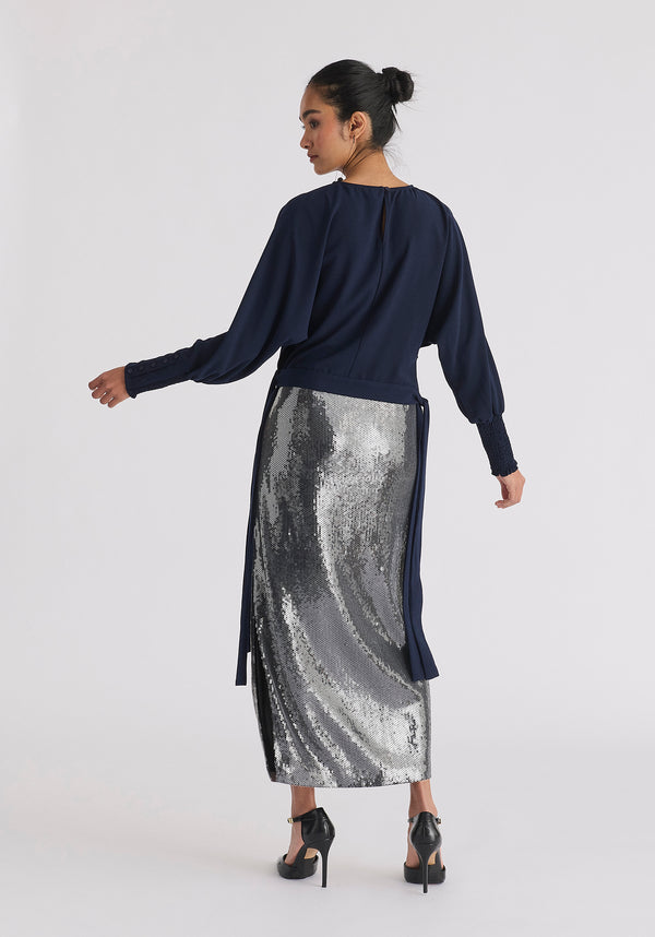 Sequin Midi Skirt with Side Slit in Black Back