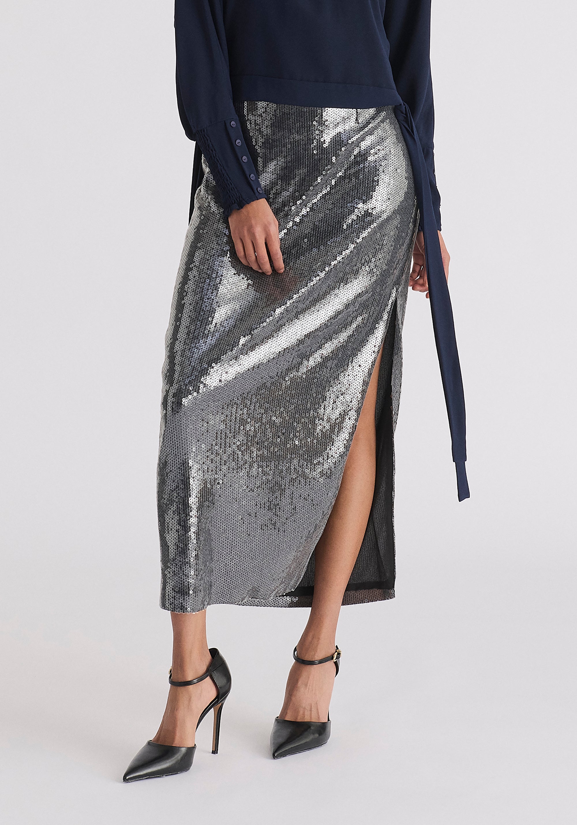 Sequin Midi Skirt with Side Slit in Black