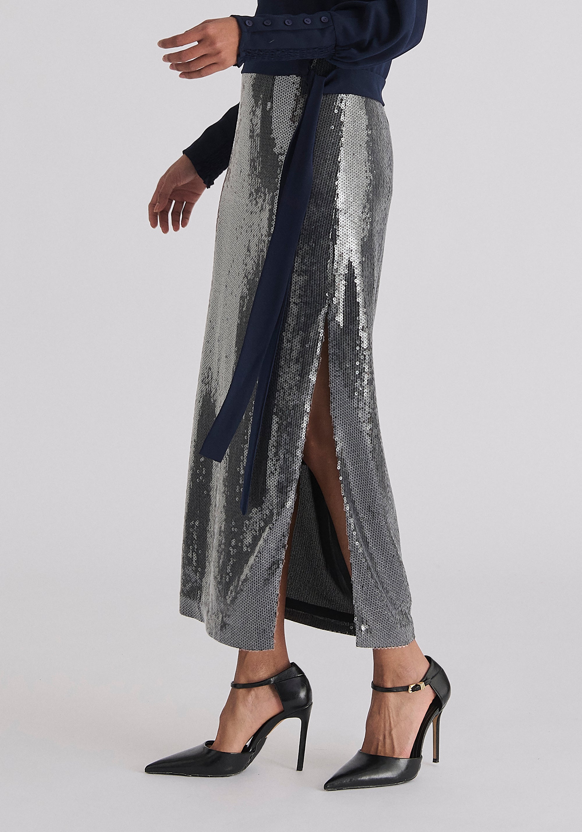 Sequin Midi Skirt with Side Slit in Black Close Up