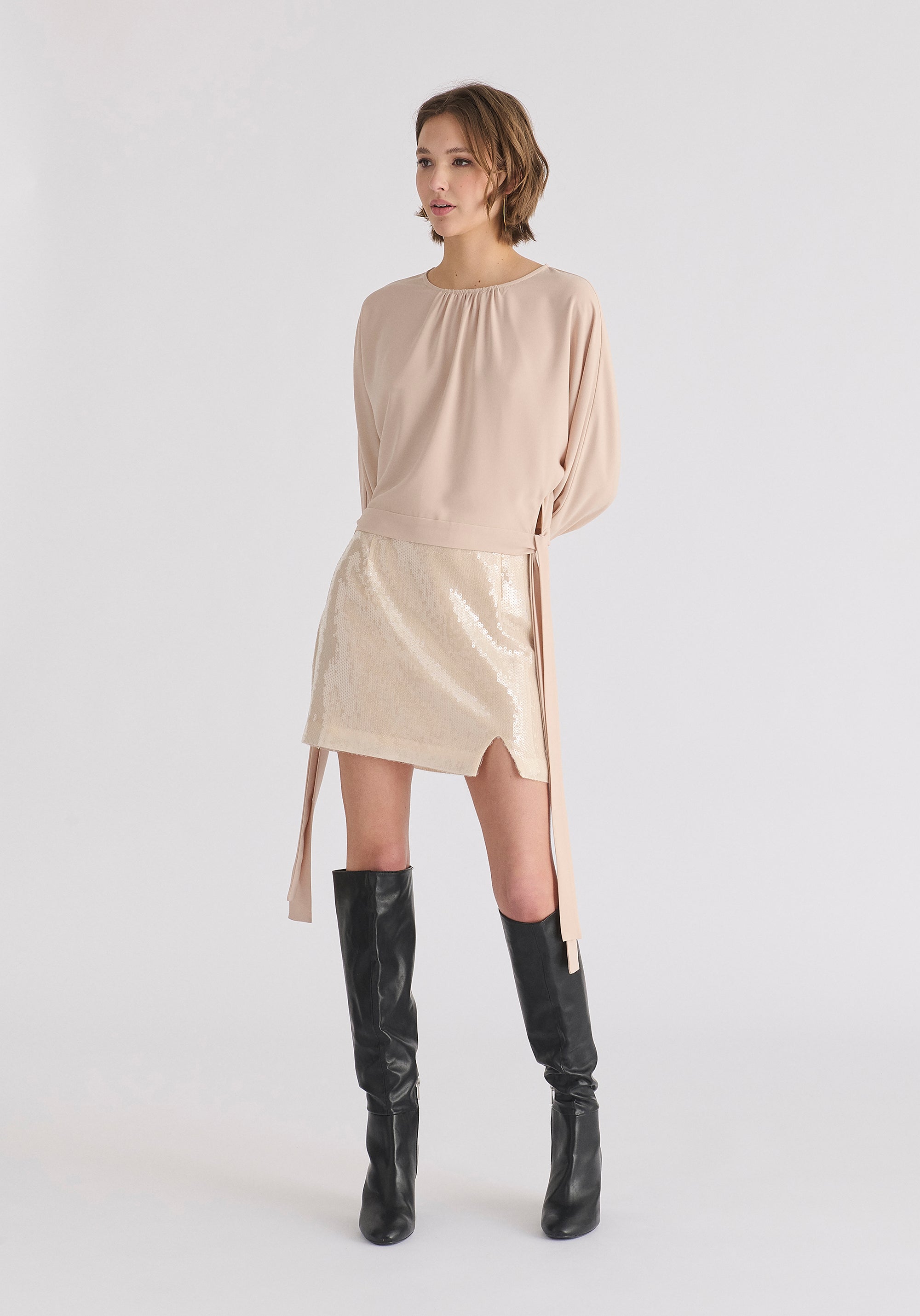 Sequin Mini Skirt with Slit in Cream