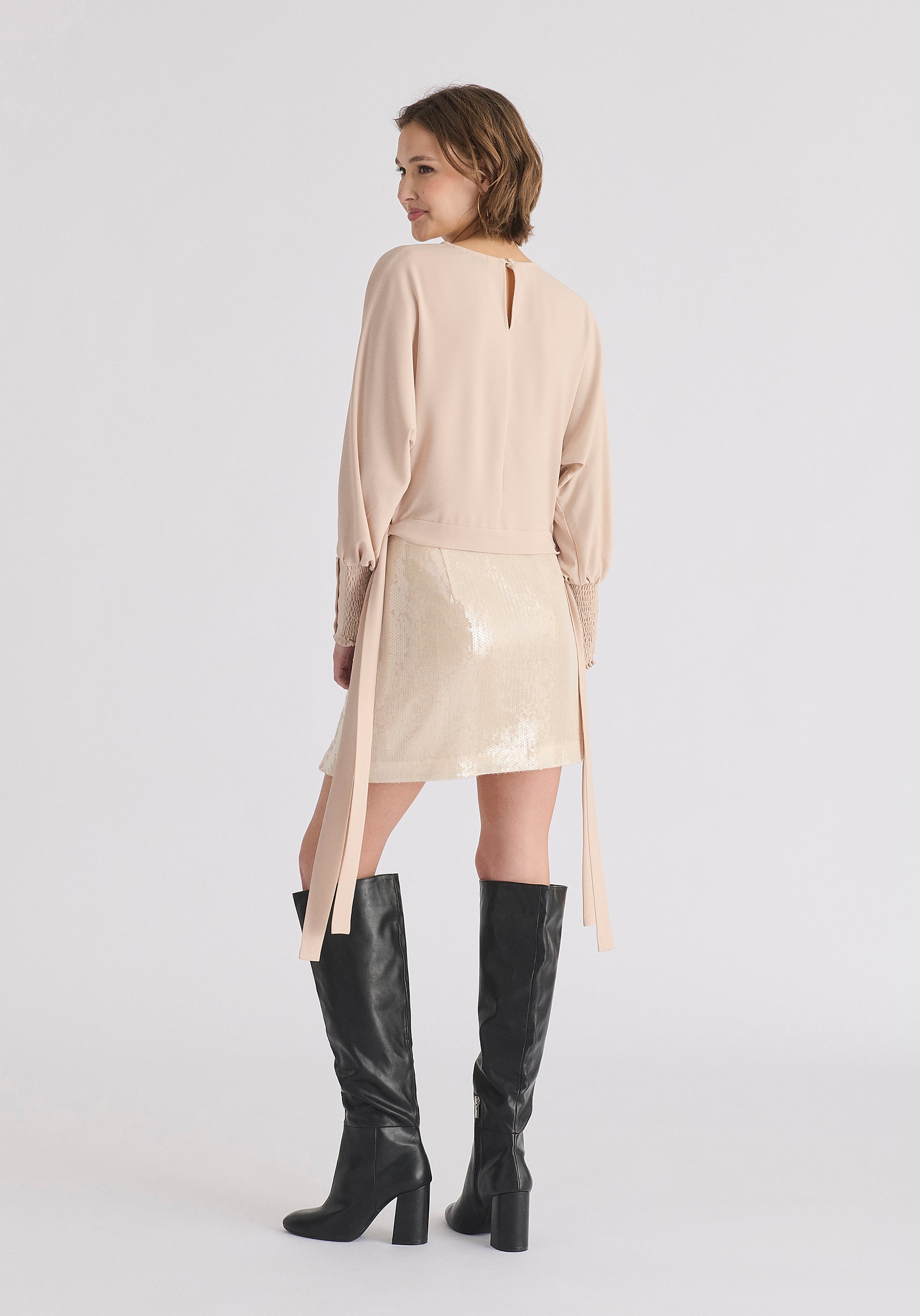 Sequin Mini Skirt with Slit in Cream Back