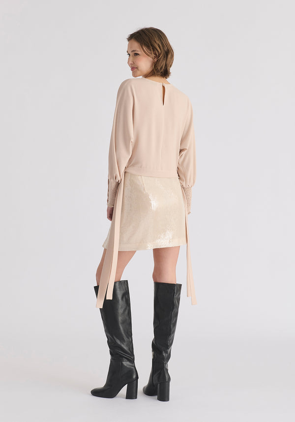 Sequin Mini Skirt with Slit in Cream Back