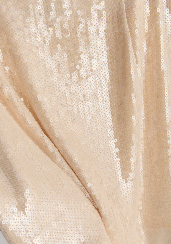 Sequin Mini Skirt with Slit in Cream Close Up