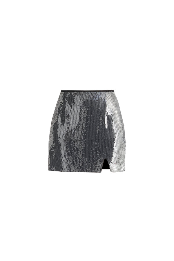 Sequin Mini Skirt with Slit in Black Cut Out
