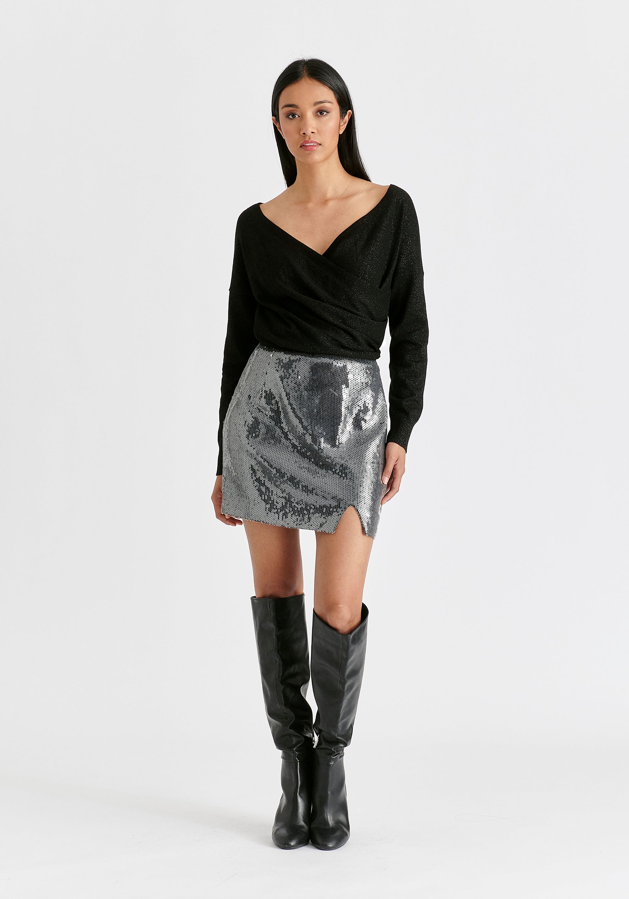 Sequin Mini Skirt with Slit in Black