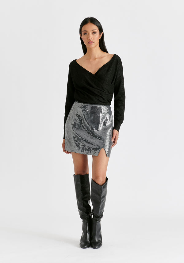 Sequin Mini Skirt with Slit in Black