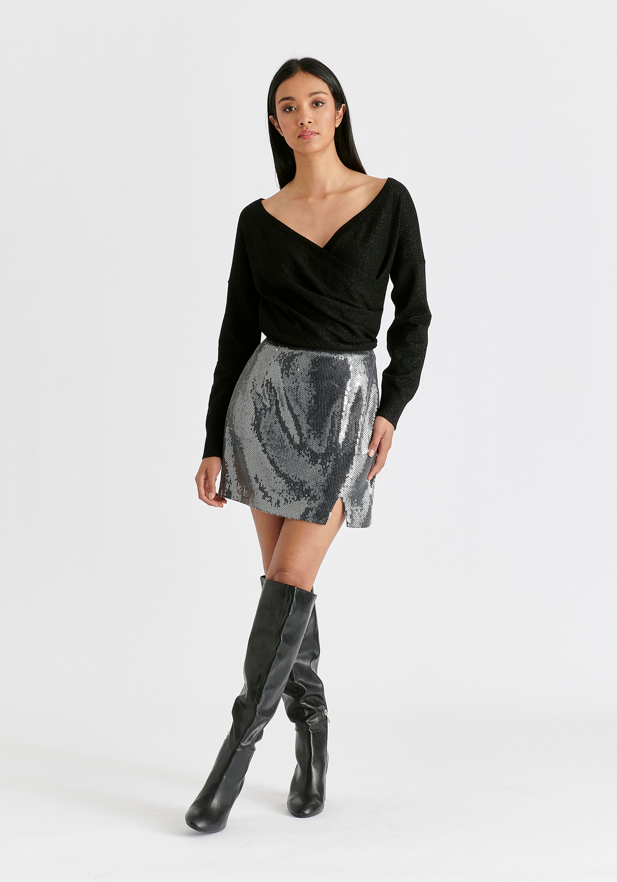 Sequin Mini Skirt with Slit in Black