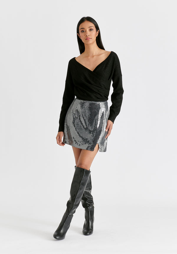 Sequin Mini Skirt with Slit in Black