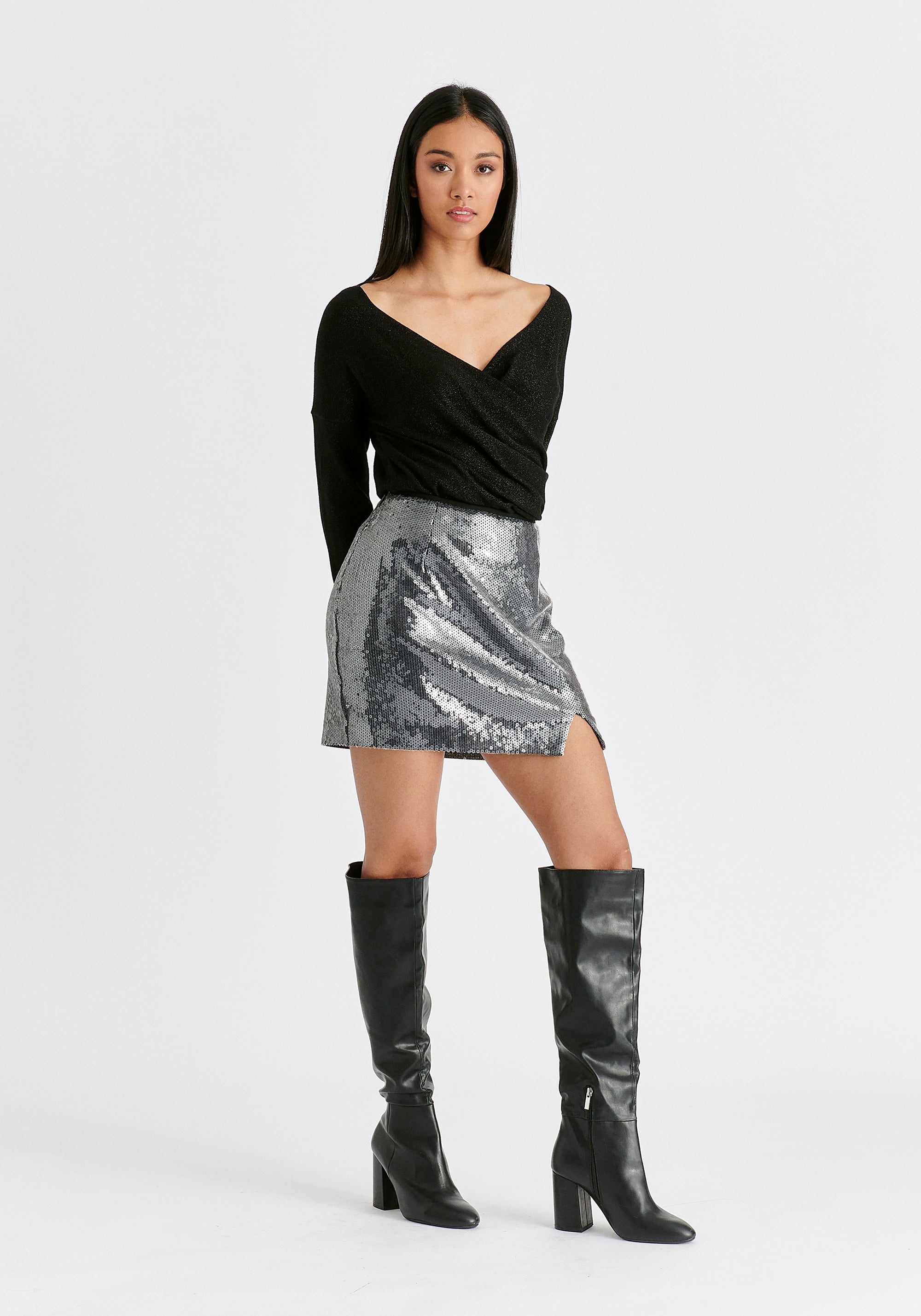 Sequin Mini Skirt with Slit in Black