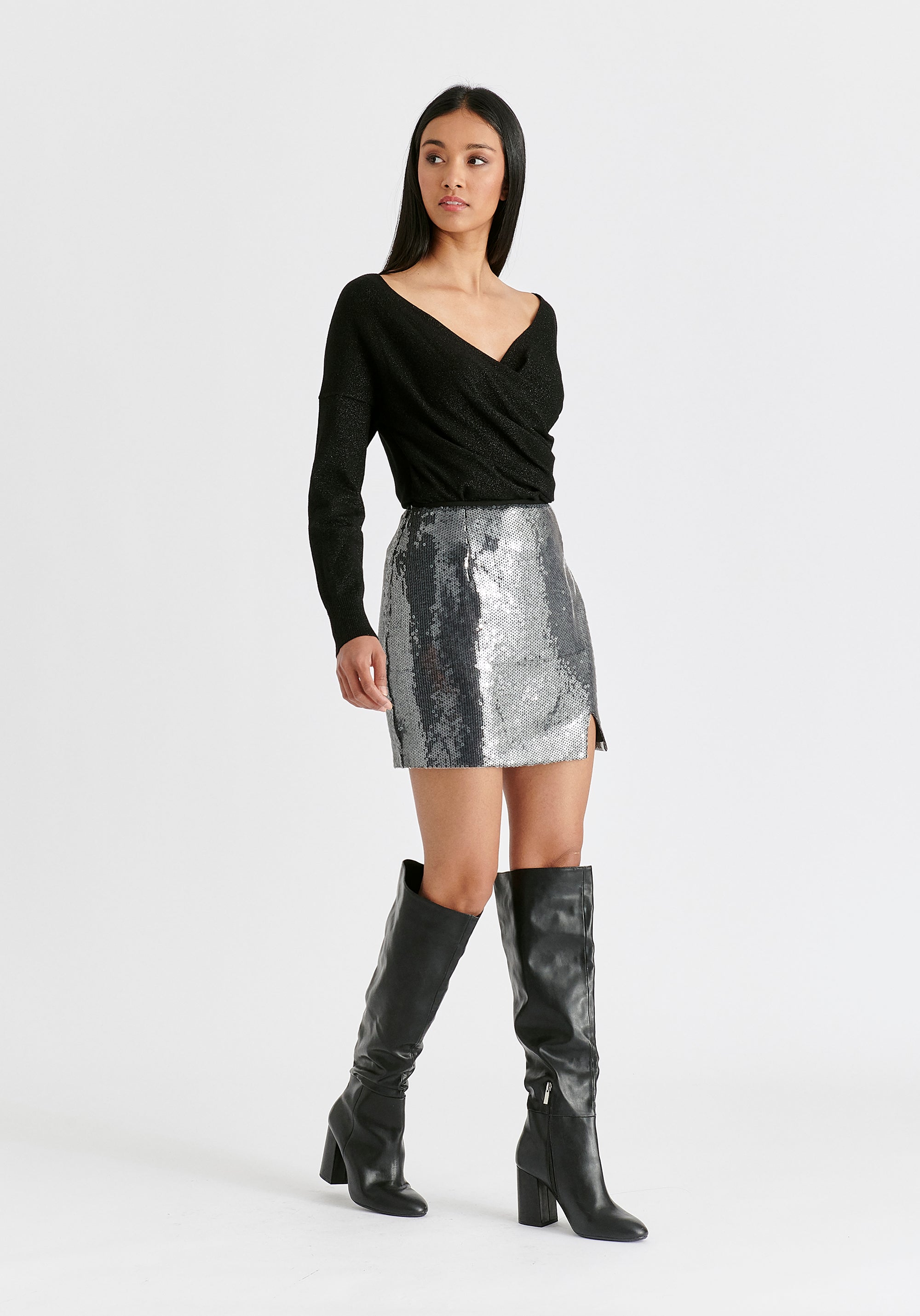 Sequin Mini Skirt with Slit in Black