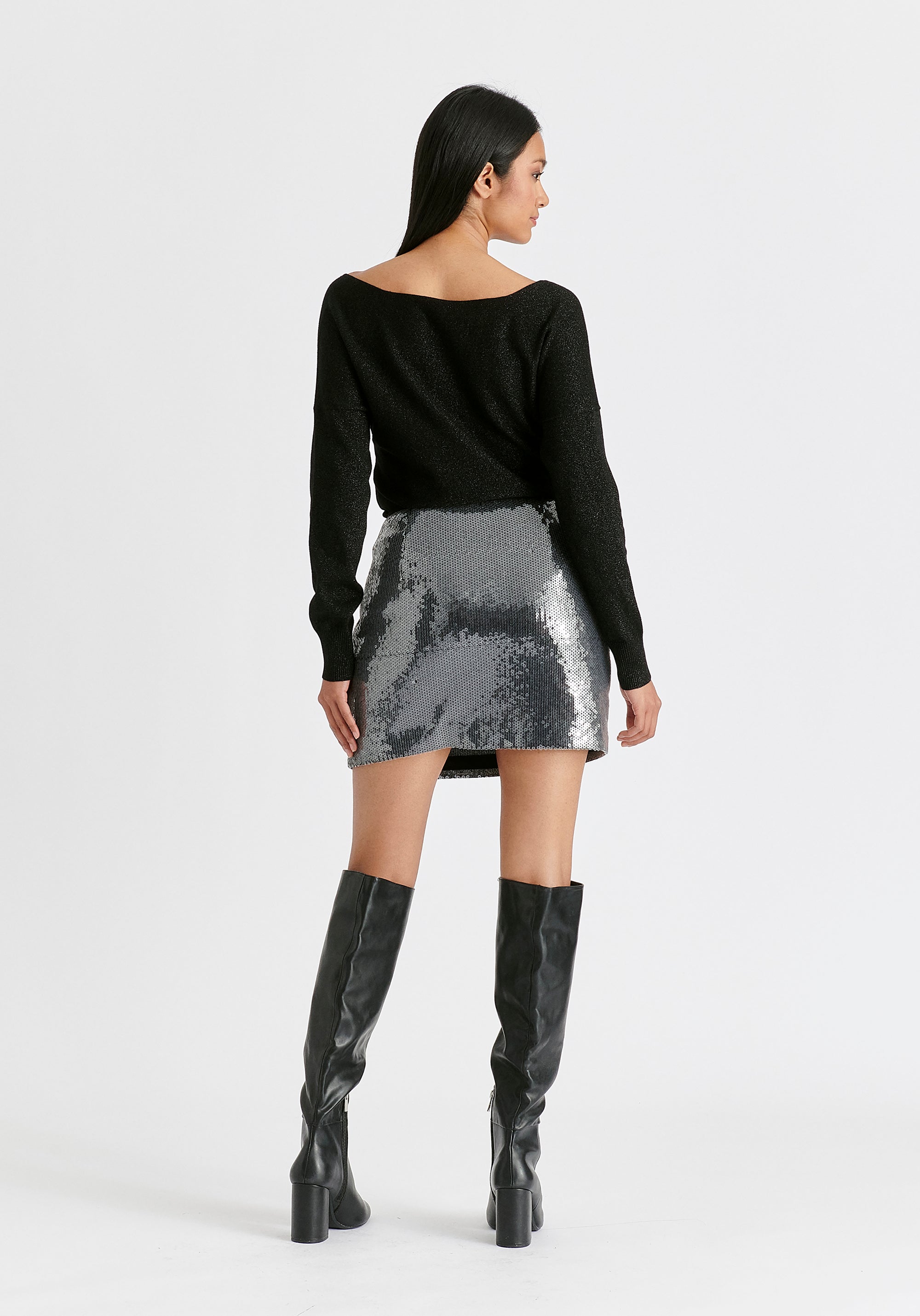 Sequin Mini Skirt with Slit in Black Back