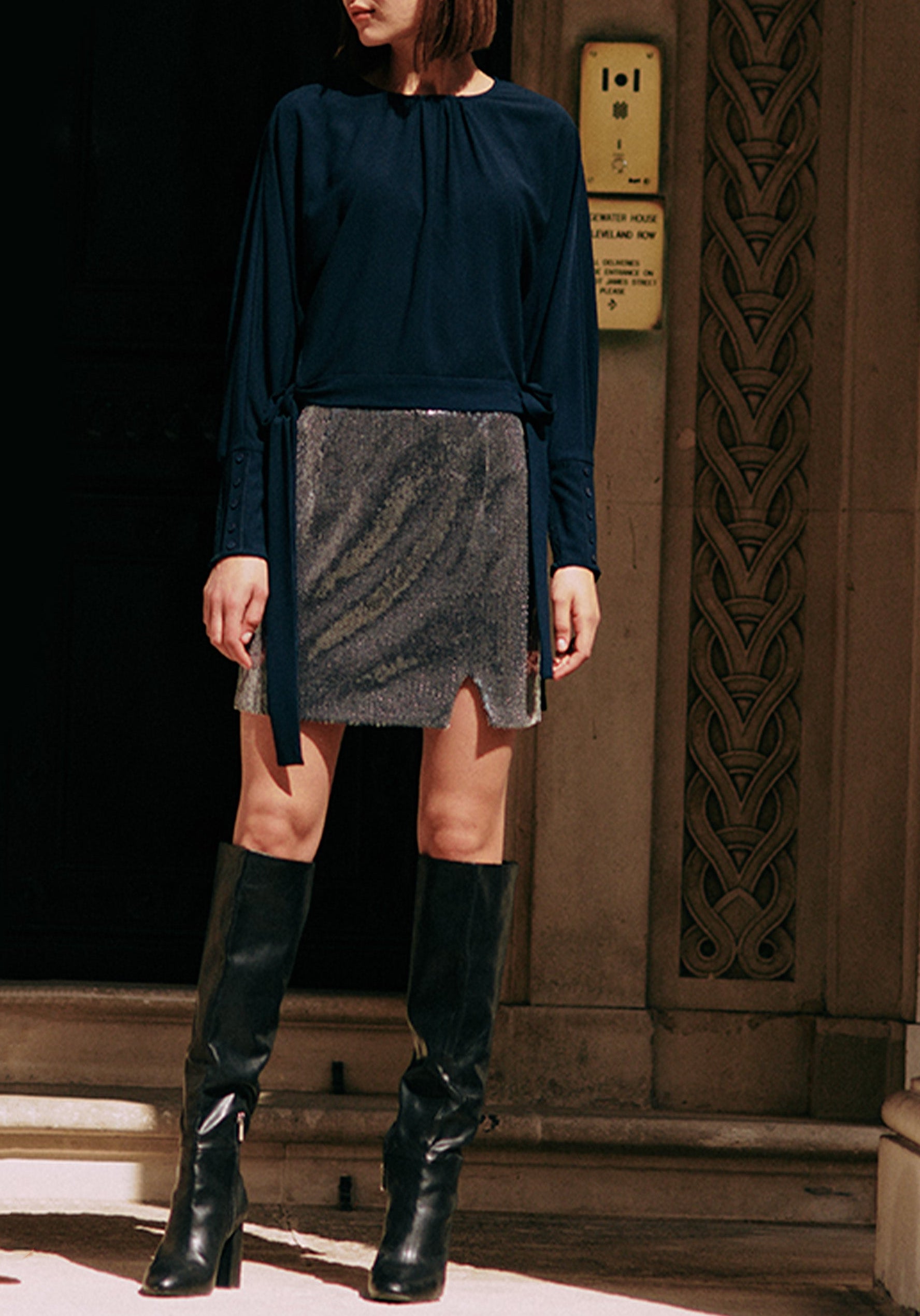 Sequin Mini Skirt with Slit in Grey Silver