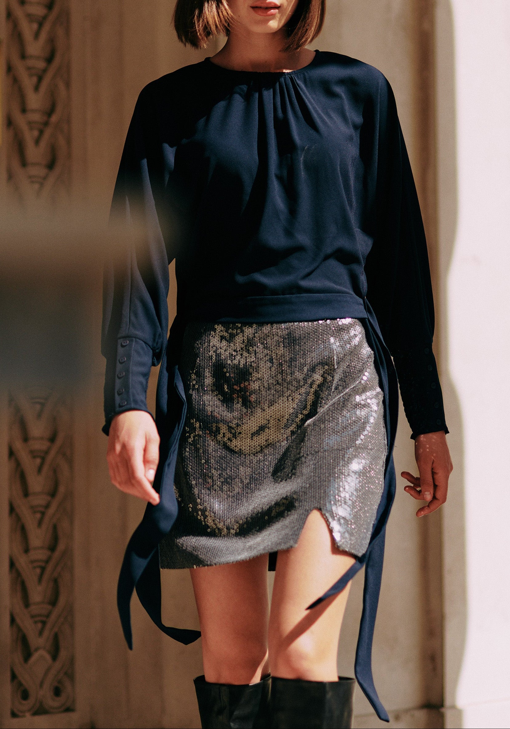 Sequin Mini Skirt with Slit in Grey Silver