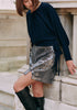 Sequin Mini Skirt with Slit in Grey Silver