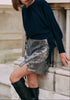 Sequin Mini Skirt with Slit in Grey Silver
