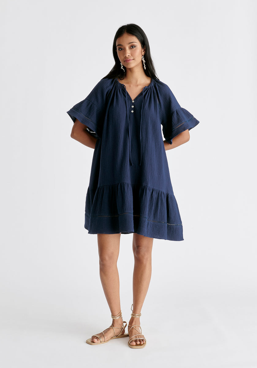 strapless open back dress Cheesecloth Swing Dress in Navy