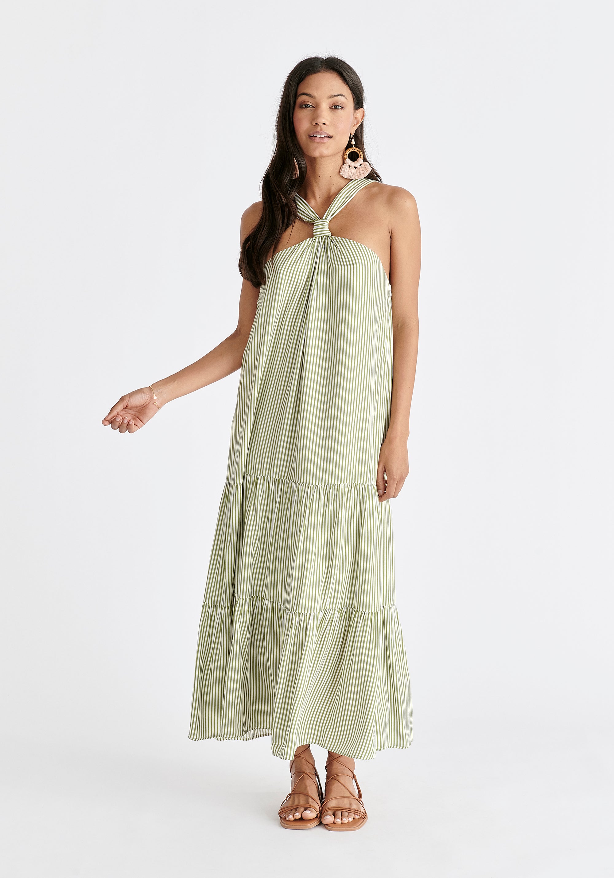 Tiered Halterneck Maxi Dress in Green and White