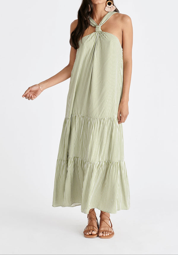 Tiered Halterneck Maxi Dress in Green and White