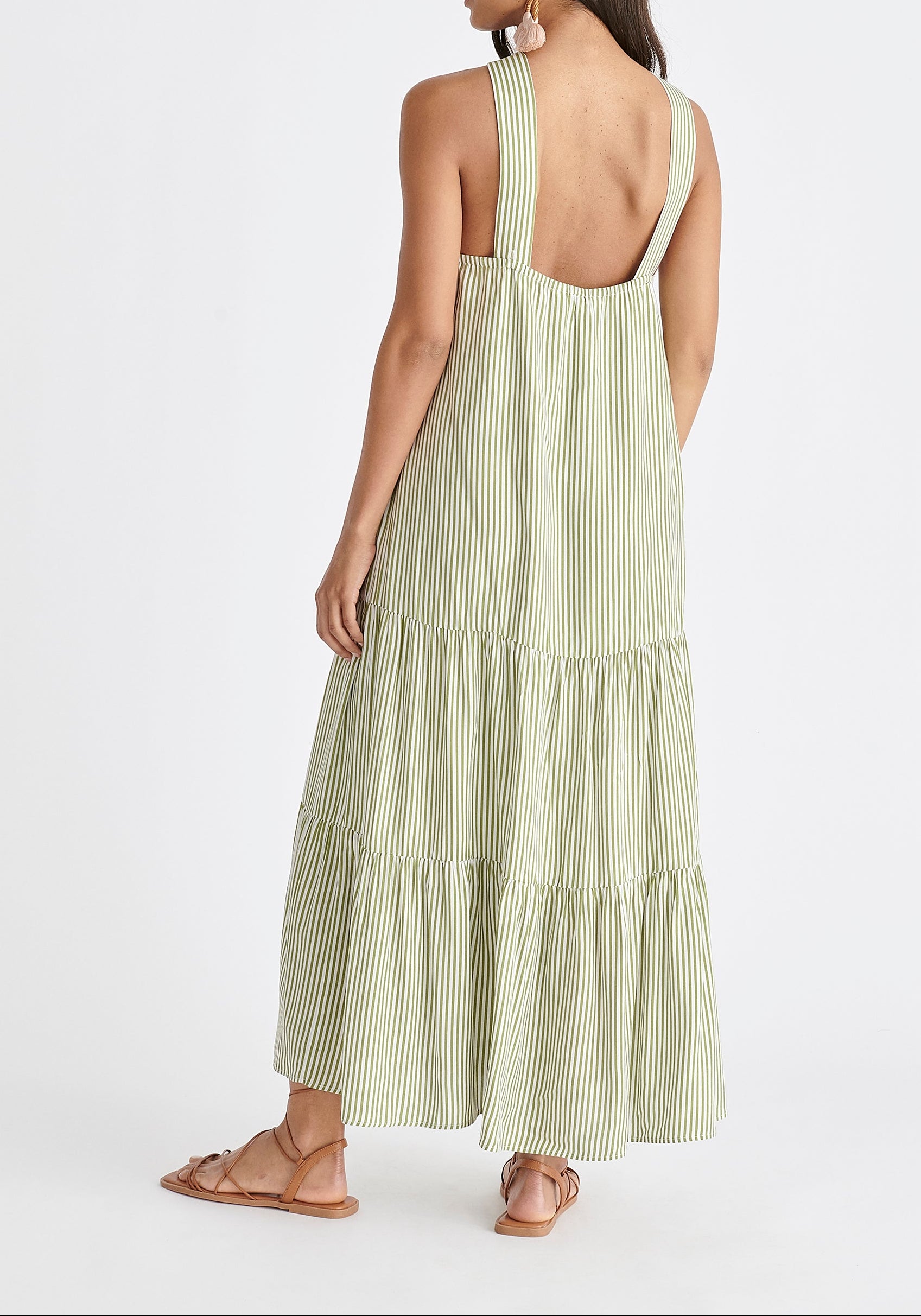 Tiered Halterneck Maxi Dress in Green and White Back