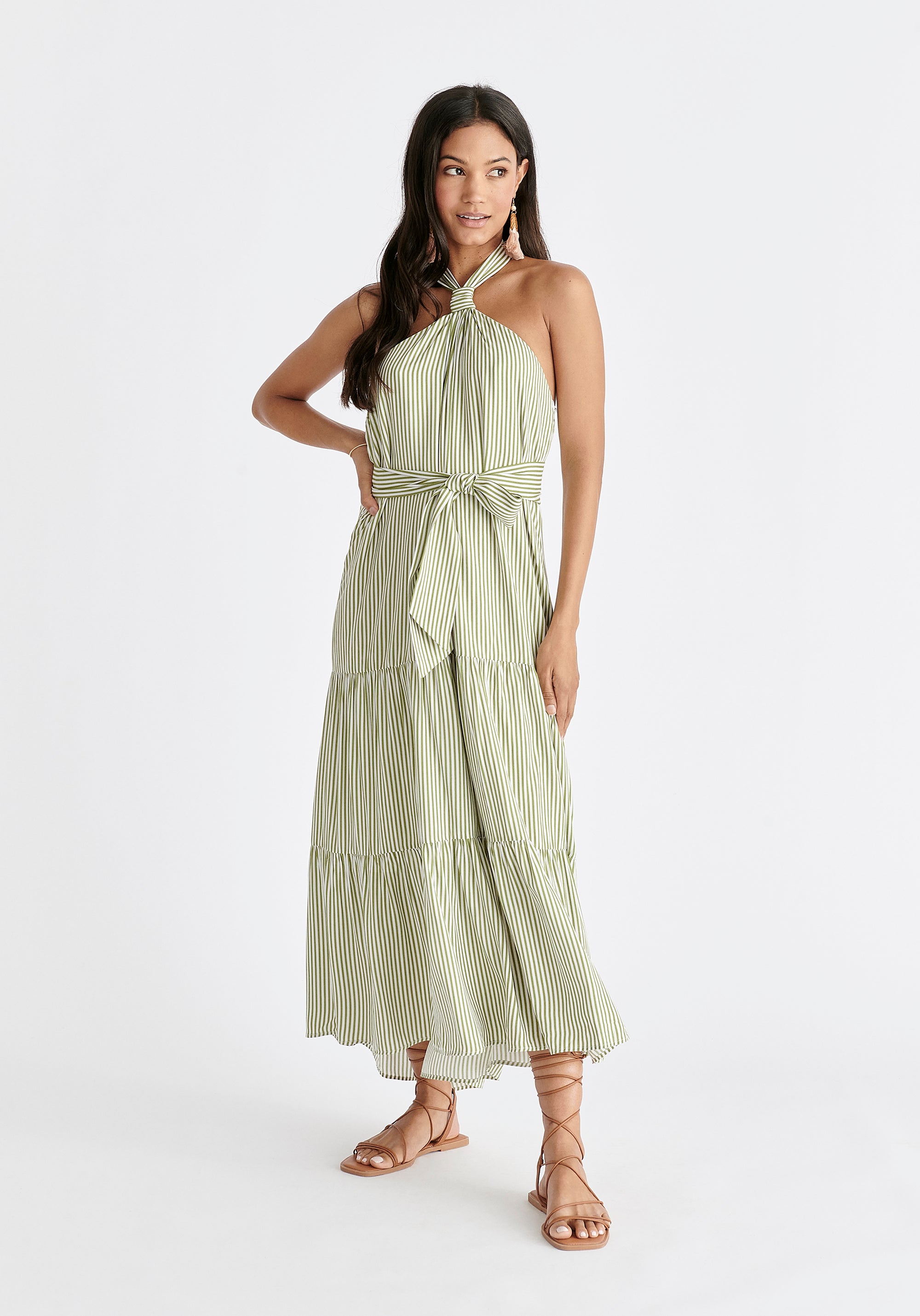 Tiered Halterneck Maxi Dress in Green and White