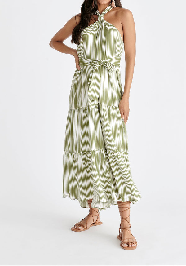 Tiered Halterneck Maxi Dress in Green and White