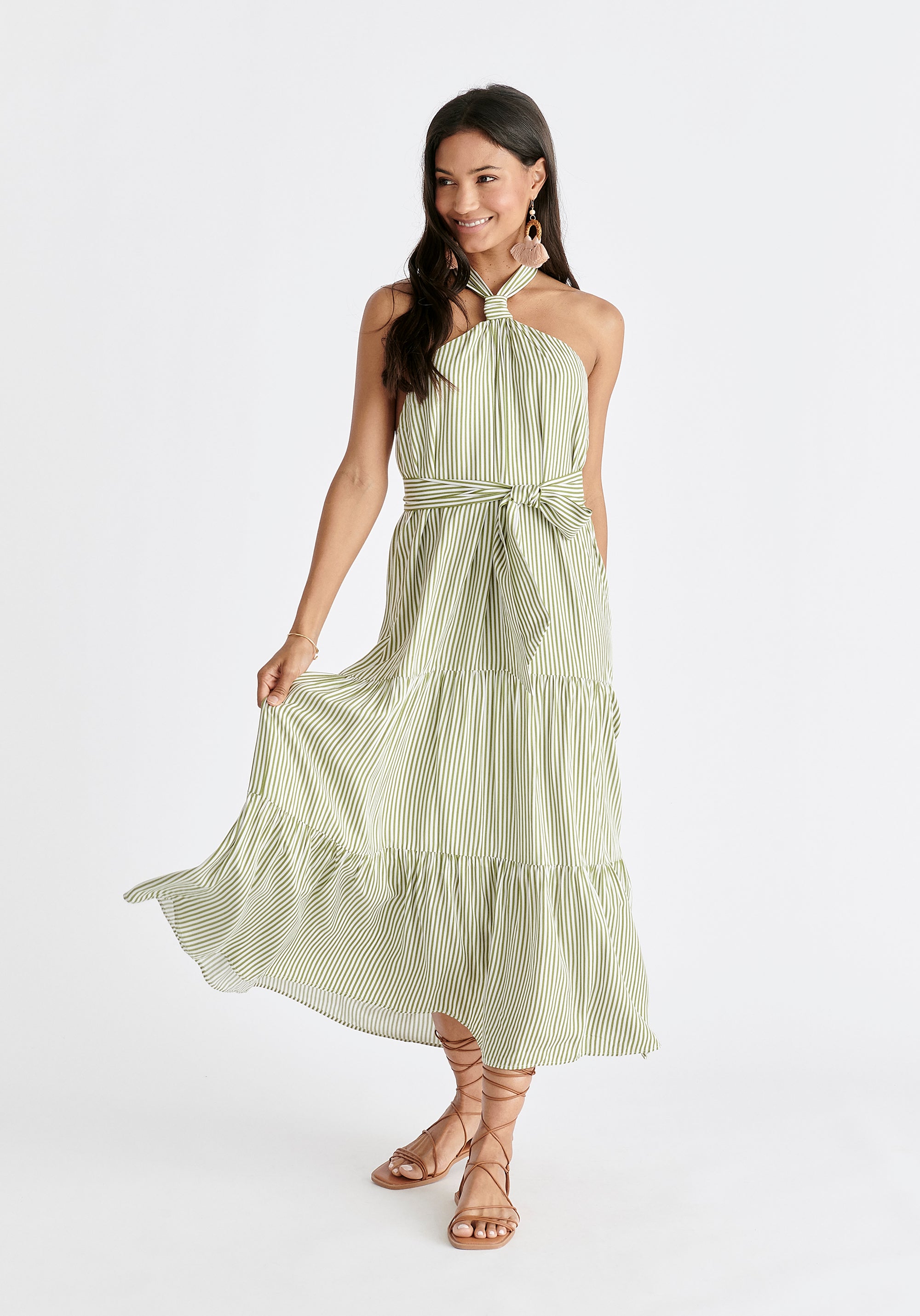Tiered Halterneck Maxi Dress in Green and White