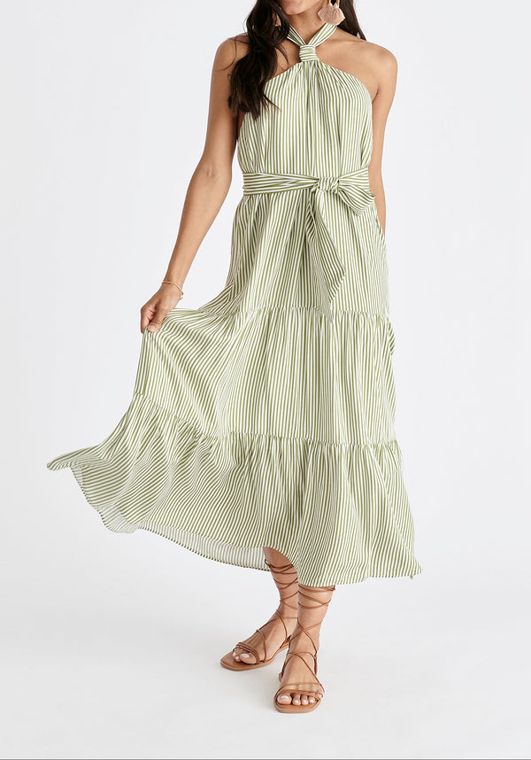 Tiered Halterneck Maxi Dress in Green and White