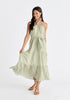Tiered Halterneck Maxi Dress in Green and White