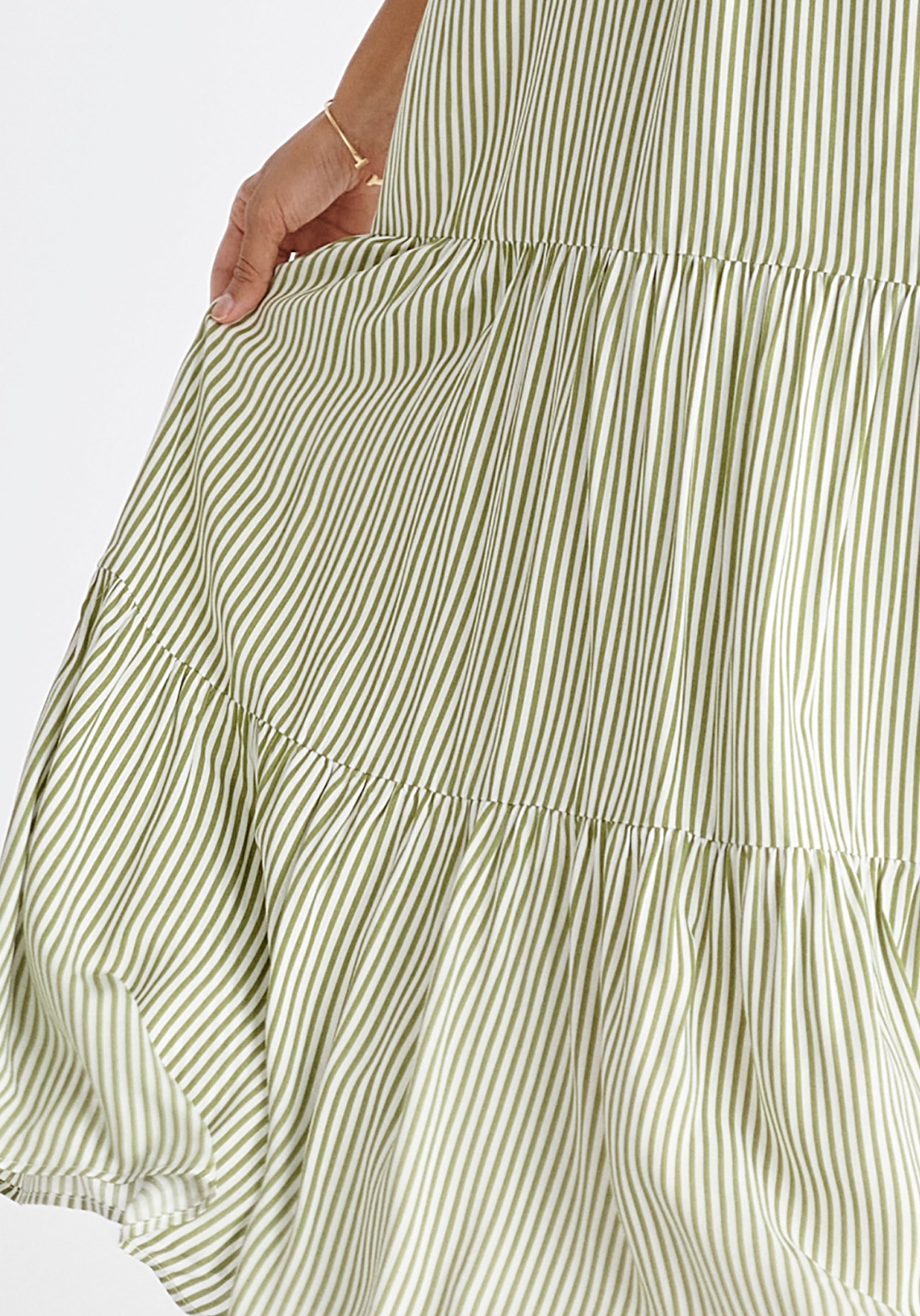Tiered Halterneck Maxi Dress in Green and White Close Up